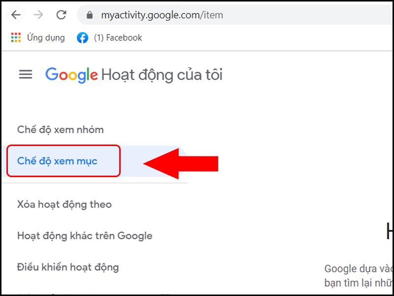 Chọn chế độ xem mục trong giao diện Google Activity